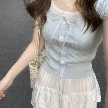 【PING'S🌞】藍色 短款 假兩件 刺繡 冰絲 上衣 女 夏 別緻 絕美 設計感 小眾 針織 短袖 T恤
