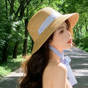 桃園出貨✨一帽兩戴新款小清新格子蝴蝶結飄帶草帽女沙灘海邊出遊遮陽防曬帽