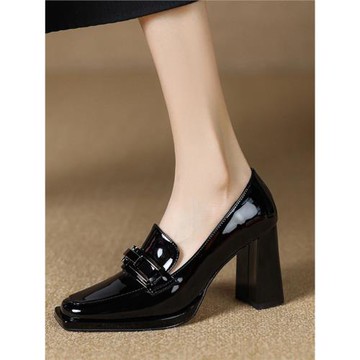 GUDAO 8.5cm方頭高跟鞋女真皮春秋新款百搭深口粗跟單鞋