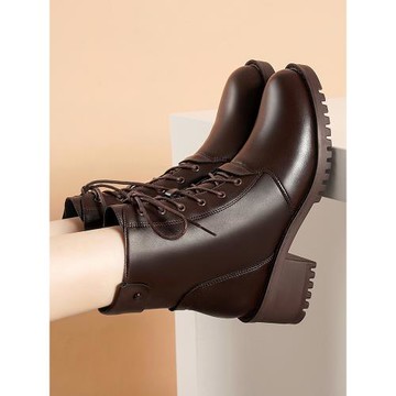 百麗菲比真皮棕色馬丁靴女新款冬季加絨棉靴厚底防滑短靴高跟女靴