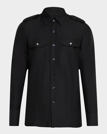 Men's Cotton and Silk Military Casual Button-Down Shirt