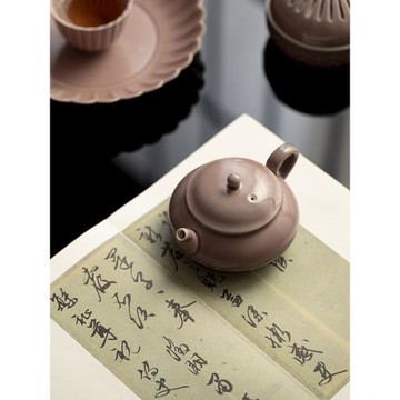 山海 紫紅汝釉仰蓮瓣扁壺功夫茶具仿古球孔過來泡茶家用陶瓷茶壺