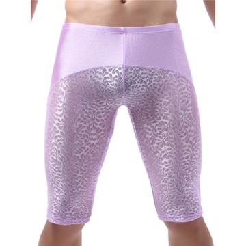 青年中腰性感錦綸蕾絲提花五分褲緊身長腿平角內褲防摩擦打底褲男