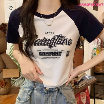 撞色插肩袖印花短袖T恤女 修身顯瘦短版t恤 短t 圓領t恤 短版大學T 小個子短版上衣 辣妹 學生 韓版上衣 大碼短袖T