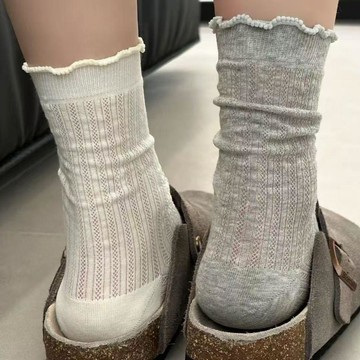 襪子女款 中筒襪 春夏季薄款襪子 純色溫柔花邊襪子 百搭夏天襪子 覆古日系潮襪中筒襪 中筒襪 冰冰襪 中筒襪 涼感襪
