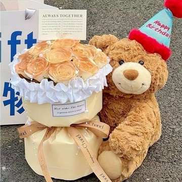 預購【LAMIE】生日帽熊-芭蕾風黃色卡布奇諾玫瑰花束 玩偶花束 花束