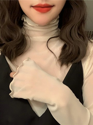 網紗蕾絲秋季新款疊穿打底衫女薄款高領防曬內搭純色長袖洋氣上衣【淘夢屋】