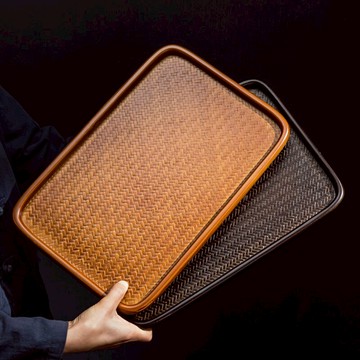 日式復古竹編茶盤家用托盤手工茶道做舊長方形碳化創意茶盤儲物籃