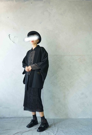 尋寶古著-黑色日式傳統建築織紋質感日本羽織和服