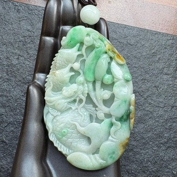 翡翠 三彩翡翠 魚躍龍門 翡翠吊墜 天然緬甸翡翠A貨 QJ-69