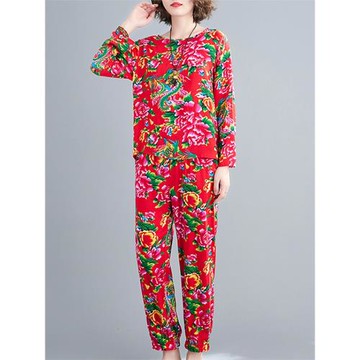 東北大花棉綢套裝束腳褲家居服