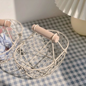 ins可愛迷你收納鐵藝籃原木手柄置雜物桌面擺件化妝品水果多功能