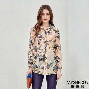 【MYSHEROS蜜雪兒】翻領排釦蝴蝶印花長版開襟衫-梨/駝