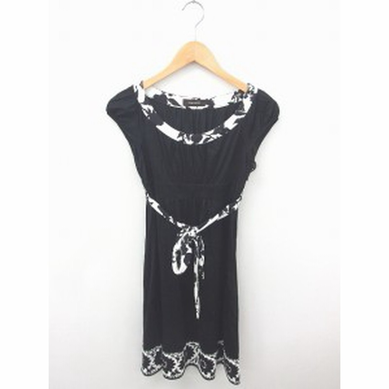 中古 ジャスグリッティー Jusglitty ワンピース ひざ丈 総柄 ウエスト紐 綿 ノースリーブ 2 黒 白 ブラック ホワイト 通販 Lineポイント最大1 0 Get Lineショッピング