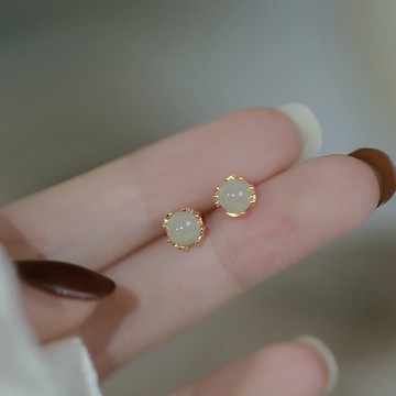 復古玉石圓珠設計耳環 N21 日韓流行時尚 百搭款 點綴 玉石感簡約小巧 耳針 耳飾耳環