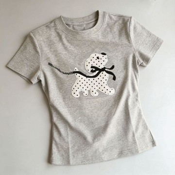 🐻短袖上衣女純慾風美式複古波點刺繡小狗短袖T恤女夏季高級感修身顯瘦正肩短款上衣