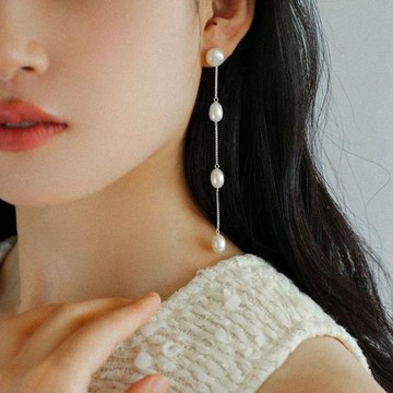 925銀鏈流蘇珍珠耳環女歐美ins簡約百搭三顆淡水珍珠耳環
