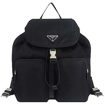 PRADA 普拉達 新版黑色尼龍三角牌皮邊銀扣後背包(大)