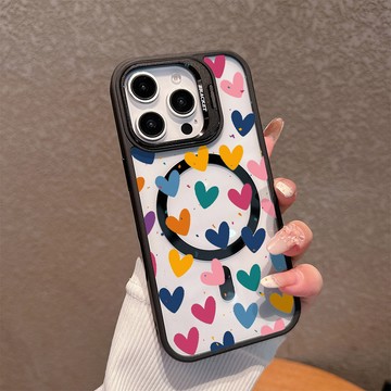 滿屏小愛心適用蘋果17/16promax手機殼iPhone15plus磁吸殼14pro亞克力13鏡頭支架12防摔11硬殼