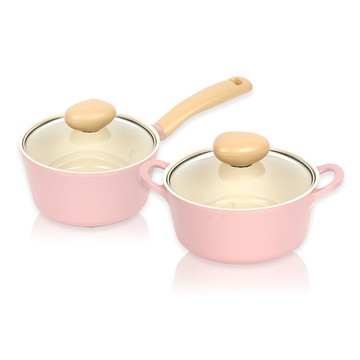 NEOFLAM Retro系列 陶瓷塗層鑄造湯鍋 2件組  粉紅色  單柄湯鍋 18cm+雙耳湯鍋 18cm  1組