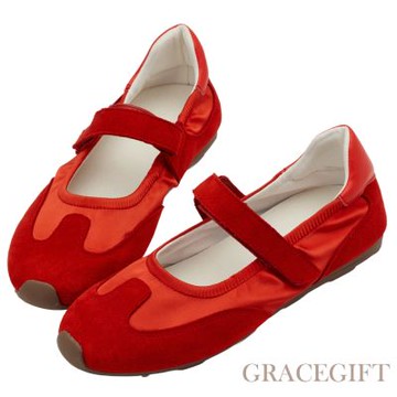 【Grace Gift】輕盈芭蕾緞面拚接芭蕾舞運動鞋 紅