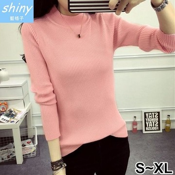 【V8167】shiny藍格子-好感美搭．純色修身立領針織長袖上衣
