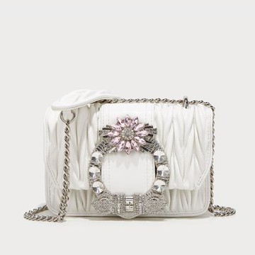 鏈條真皮小方包歐美時尚單肩斜挎包包鑲鉆女包2024新款褶皺菱格包