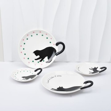 日本訂單zakka卡通立體尾巴貓盤子菜盤圓盤陶瓷黑貓小碟子涼菜蝶