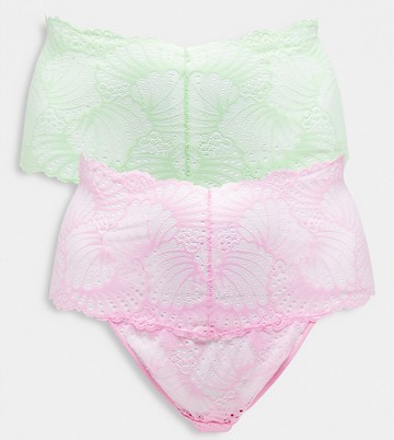 ASOS DESIGN Curve 2 pack deep waist lace thong pack in bubble gum & pistachio-Multi