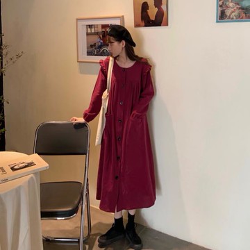 秋裝法國小眾復古單排扣中長裙寬松百搭高腰顯瘦休閑連衣裙女1入