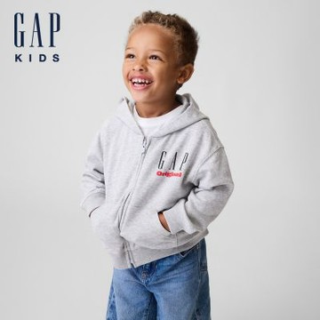 【GAP】嬰兒及幼兒VintageSoft毛圈布Gap Logo拉鍊帽T-淺麻灰(914415)