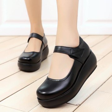 真皮松糕女單鞋中跟淺口坡跟女鞋厚底工作鞋媽媽軟底春秋舒適皮鞋