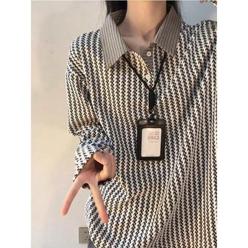 魚骨紋翻領長袖polo衫  上衣 POLO衫 長袖衫 秋冬拚接韆鳥格複古寬鬆衫上衣 大尺碼服飾 平價女裝 韓版女裝