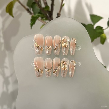 ➕最新設計款穿戴甲💅純手工穿戴甲高級感秋冬棕色腮紅可拆卸美甲片堆鑽爆閃假指甲貼片中梯穿戴甲 KLG2