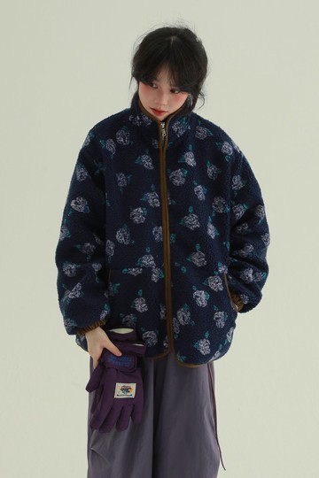 2顏色 復古繁花 花朵立領搖粒絨外套 寬鬆立領拉鏈保暖棉服
