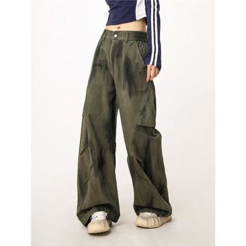 (免運)CTB啤酒隊長 美式軍綠色工裝褲女寬松直筒彎刀闊腿休閑爵士舞褲子
