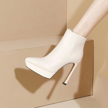 短靴女小個子尖頭真皮細跟防水臺單靴短筒馬丁靴走秀高跟鞋13cm