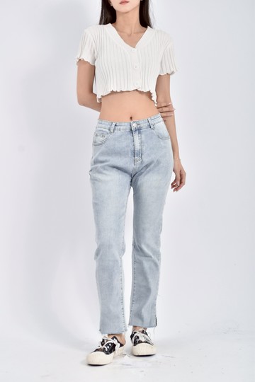 (S) 質感丹寧牛仔棉質素面直筒藍色長褲