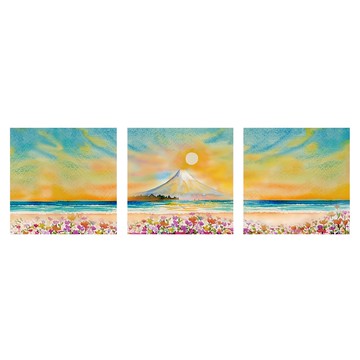 24mama 繪畫插圖時鐘掛畫 三聯式 日本富士山 春天 太陽 天空 美麗花  40 x 40cm  旅遊勝地 無框畫