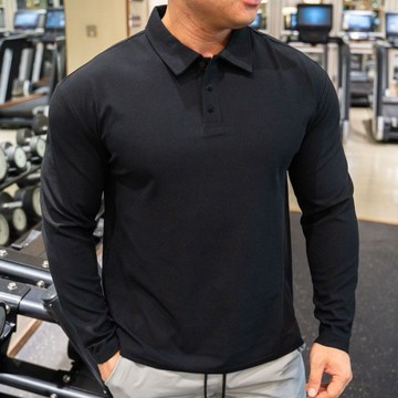 春秋健身衣服翻領t卹男長袖薄款polo衫打底運動上衣教練緊身衣 秋季長袖修身上衣 翻領男士T卹 H