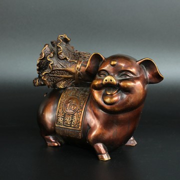 純銅招財豬白菜豬豬背白菜銅風水銅器復古色招財家居辦公室擺件