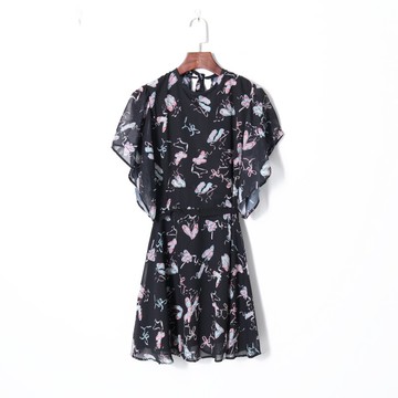 夏季新款女裝時尚印花圓領漏背打底裙荷葉袖高腰綁帶連衣裙