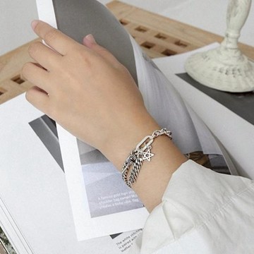 hermosa j女性 925純銀 做舊星星層次復古鍊條手鍊 W017 + 3公分延長鍊  15.5厘米  銀色