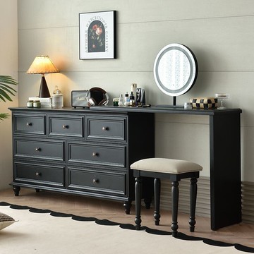 美式復古風實木女生斗柜收納儲物梳妝臺一體式 床尾臥室家用經典黑色白色法式化妝桌收納櫃