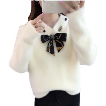 【不掉毛】加厚秋冬新款小清新馬海毛衣女寬松仿水貂絨套頭針織衫