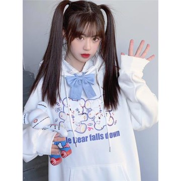 日系原創可愛甜美倒立熊寬松加絨連帽衛衣女秋冬百搭ins上衣