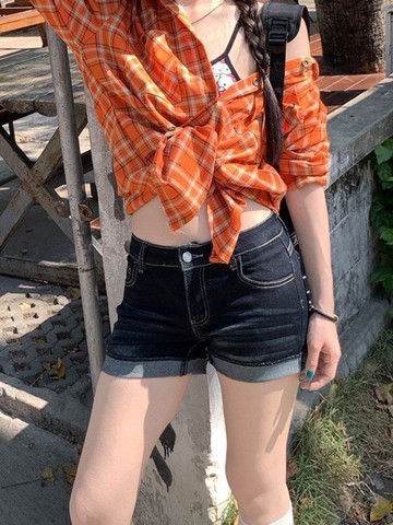 小個子美式復古水洗中低腰緊身牛仔短褲修身彈性百搭捲邊包臀熱褲 AJ133