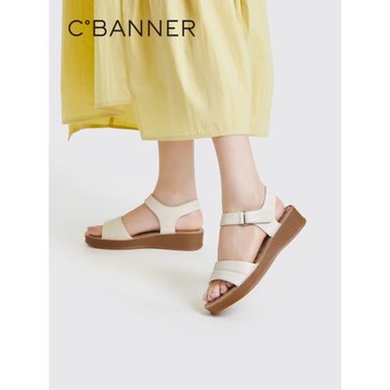 千百度女鞋夏季氣質休閑涼鞋配裙子坡跟一字式涼鞋厚底真皮百搭