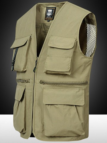 男士大尺碼背心馬甲外套   后背可拆卸馬甲男戶外休閑寬松大口袋無領背心多兜攝影釣魚馬夾薄
