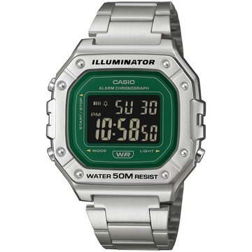 CASIO 休閒方形電子錶 學生錶 手錶-綠x銀 W-218HD-3AV